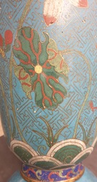 A Chinese cloisonn&eacute; rouleau vase and four jardini&egrave;res, 19/20th C.