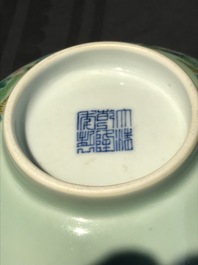 A Chinese famille rose celadon-ground bowl with floral design, Qianlong mark, 19/20th C.