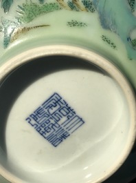 A Chinese famille rose celadon-ground bowl with floral design, Qianlong mark, 19/20th C.