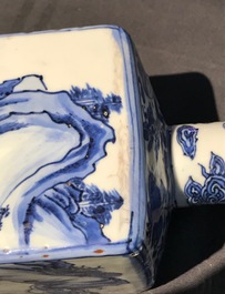 A pair of square Chinese blue and white 'immortals' tea caddies, Wanli