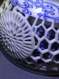 A Chinese blue and white reticulated double-walled teapot and two bowls, Transitional period