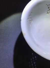 A Chinese blue and white reticulated double-walled teapot and two bowls, Transitional period