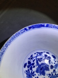 A Chinese blue and white reticulated double-walled teapot and two bowls, Transitional period