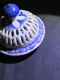 A Chinese blue and white reticulated double-walled teapot and two bowls, Transitional period