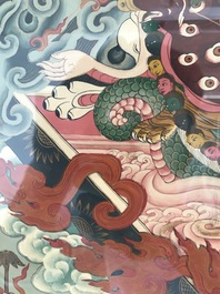 Un thangka &agrave; d&eacute;cor de Rahula dans son cadre, Tibet, 19&egrave;me