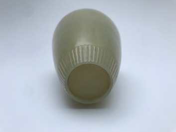 A Chinese light celadon jade relief-decorated meiping vase, 19/20th C.