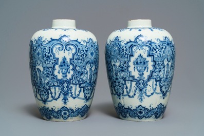 A pair of Dutch Delft blue and white Daniel Marot style vases, early 18th C.