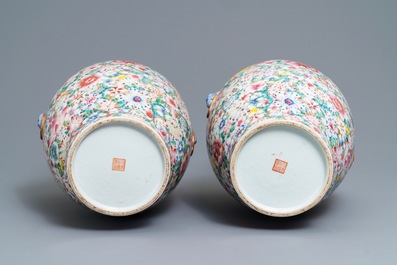 A pair of Chinese famille rose 'millefleurs' vases, Qianlong mark, Republic