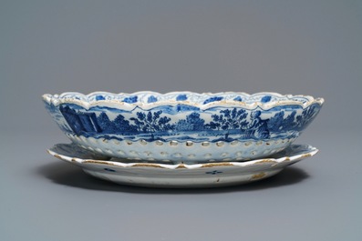 A Dutch Delft blue and white strawberry strainer on stand, 18th C.