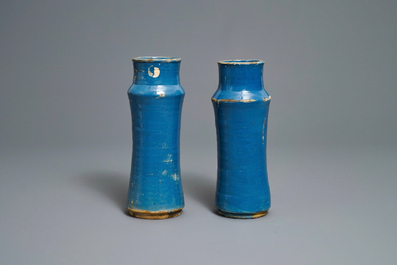 A pair of monochrome blue albarelli, Spain, 17th C.