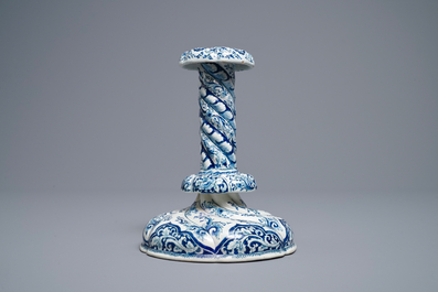 A twisted Dutch Delft blue and white candlestick, late 17th C.