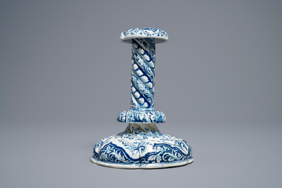 A twisted Dutch Delft blue and white candlestick, late 17th C.