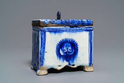 A rare blue and white Persian pottery strongbox, Qajar, Iran, 18/19th C.