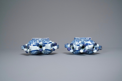 A pair of Delft-style blue and white heart-shaped tulip vases, Nurnberg, Germany, 18th C.