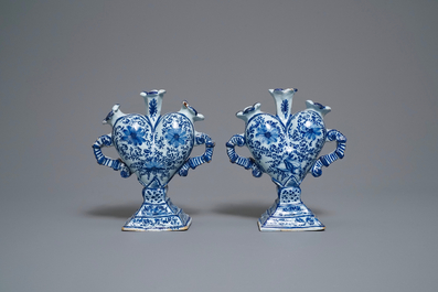 A pair of Delft-style blue and white heart-shaped tulip vases, Nurnberg, Germany, 18th C.