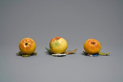 Six polychrome Dutch Delft models of apples, grapes and pears, 18th C.