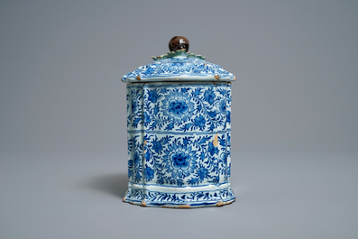 A rare Dutch Delft blue and white covered box with polychrome chestnut finial, 18th C.