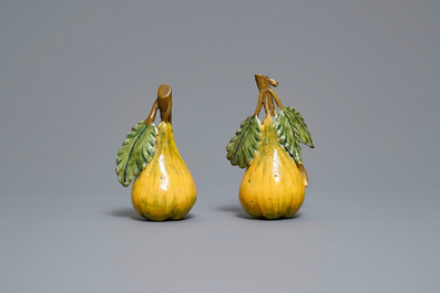 Two polychrome Dutch Delft models of pears, 18th C.