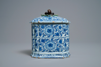 A rare Dutch Delft blue and white covered box with polychrome chestnut finial, 18th C.