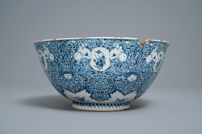 A fine Dutch Delft blue and white 'Commedia dell'arte' bowl, dated 1720