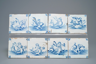 35 Delft blue and white tiles with seacreatures and ships, Ghent, 17th C.