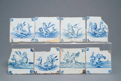 39 carreaux en fa&iuml;ence de Delft en bleu et blanc &agrave; d&eacute;cor de monstres marins et de navires, Gand, 17&egrave;me