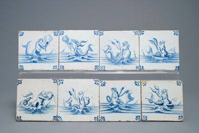 39 Delft blue and white tiles with seacreatures and ships, Ghent, 17th C.