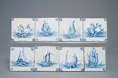 39 Delft blue and white tiles with seacreatures and ships, Ghent, 17th C.