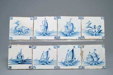 35 carreaux en fa&iuml;ence de Delft en bleu et blanc &agrave; d&eacute;cor de monstres marins et de navires, Gand, 17&egrave;me