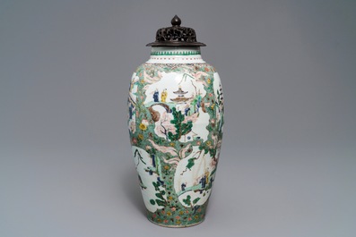 A Chinese famille verte vase with landscape medallions, Kangxi