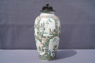 A Chinese famille verte vase with landscape medallions, Kangxi