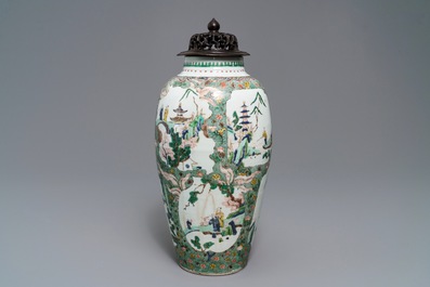 A Chinese famille verte vase with landscape medallions, Kangxi