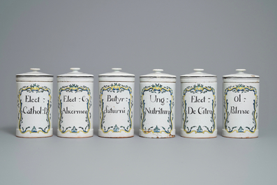 An exceptional collection of 35 French faience albarello-type drug jars, Rouen, France, late 18th C.