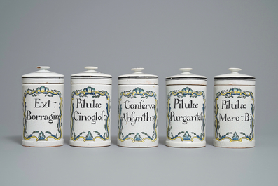 An exceptional collection of 35 French faience albarello-type drug jars, Rouen, France, late 18th C.