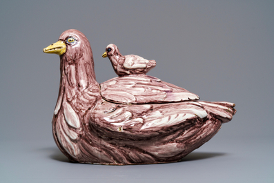 A large manganese Brussels faience partridge tureen, 18th C.