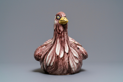 A large manganese Brussels faience partridge tureen, 18th C.