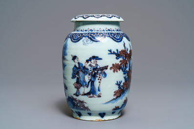 A rare Dutch Delft blue, white and manganese chinoiserie jar and cover, last quarter 17th C.