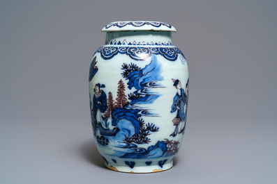 A rare Dutch Delft blue, white and manganese chinoiserie jar and cover, last quarter 17th C.