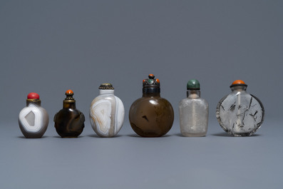 Six Chinese needle quartz and agate snuff bottles, 19/20th C.