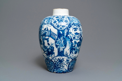 An exceptional and large Dutch Delft blue and white chinoiserie vase, 17/18th C.