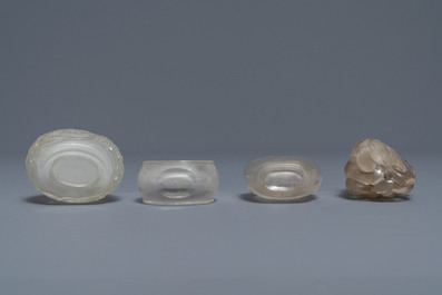 Four Chinese smoky quartz and rock crystal snuff bottles, 18/19th C.