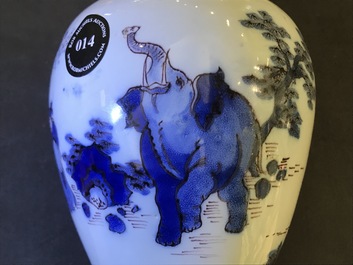 A fine Dutch Delft blue, white and manganese chinoiserie 'elephant' vase, 2nd half 17th C.
