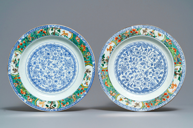 A pair of Chinese famille verte dishes and a caf&eacute;-au-lait-ground plate, Kangxi