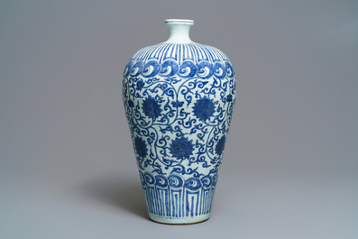 An imperial Chinese blue and white 'lotus scroll' meiping vase, Wanli mark and of the period