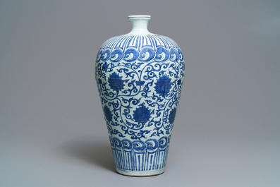 An imperial Chinese blue and white 'lotus scroll' meiping vase, Wanli mark and of the period