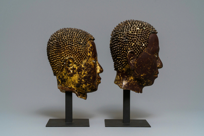 Two gilt-lacquered terracotta and stucco heads of Buddha, Thailand, Ayutthaya period, 18th C.