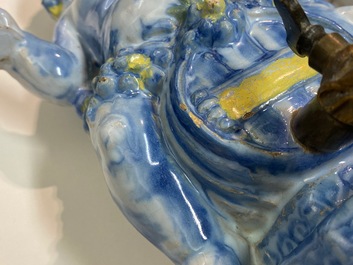 A polychrome Brussels faience 'Bacchus on a wine barrel' table fountain, 18th C.