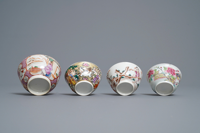 Eight Chinese famille rose cups and saucers, Yongzheng/Qianlong