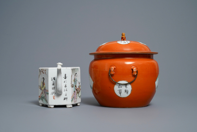 Two Chinese qianjiang cai bowls and a teapot and cover, 19/20th C.