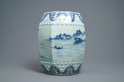 A Chinese blue and white octagonal garden seat with a landscape, Qianlong